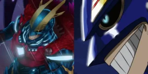 Visual de All Might em uma armadura
