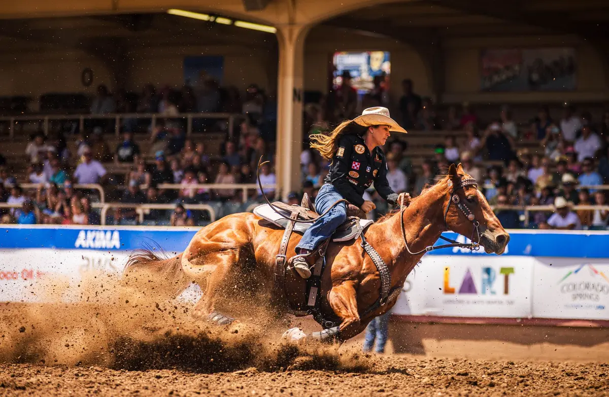Outdoor rodeo arena at night with stage lights illuminating a crowded venue, multiple screens displaying performers, flags and banners, electric energy of a major festival