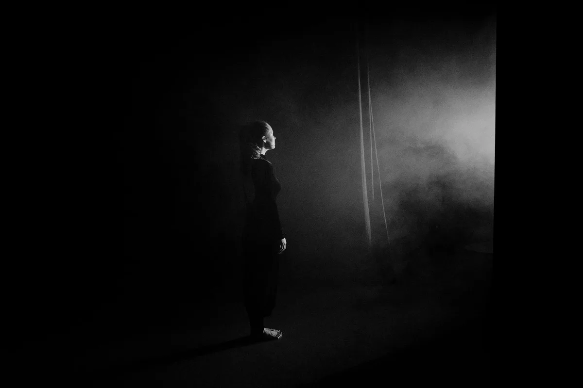 A atriz em cena, iluminada por refletor de palco, expressando emoção em momento de drama teatral, capturando a intensidade de sua performance em "Dois de nós"