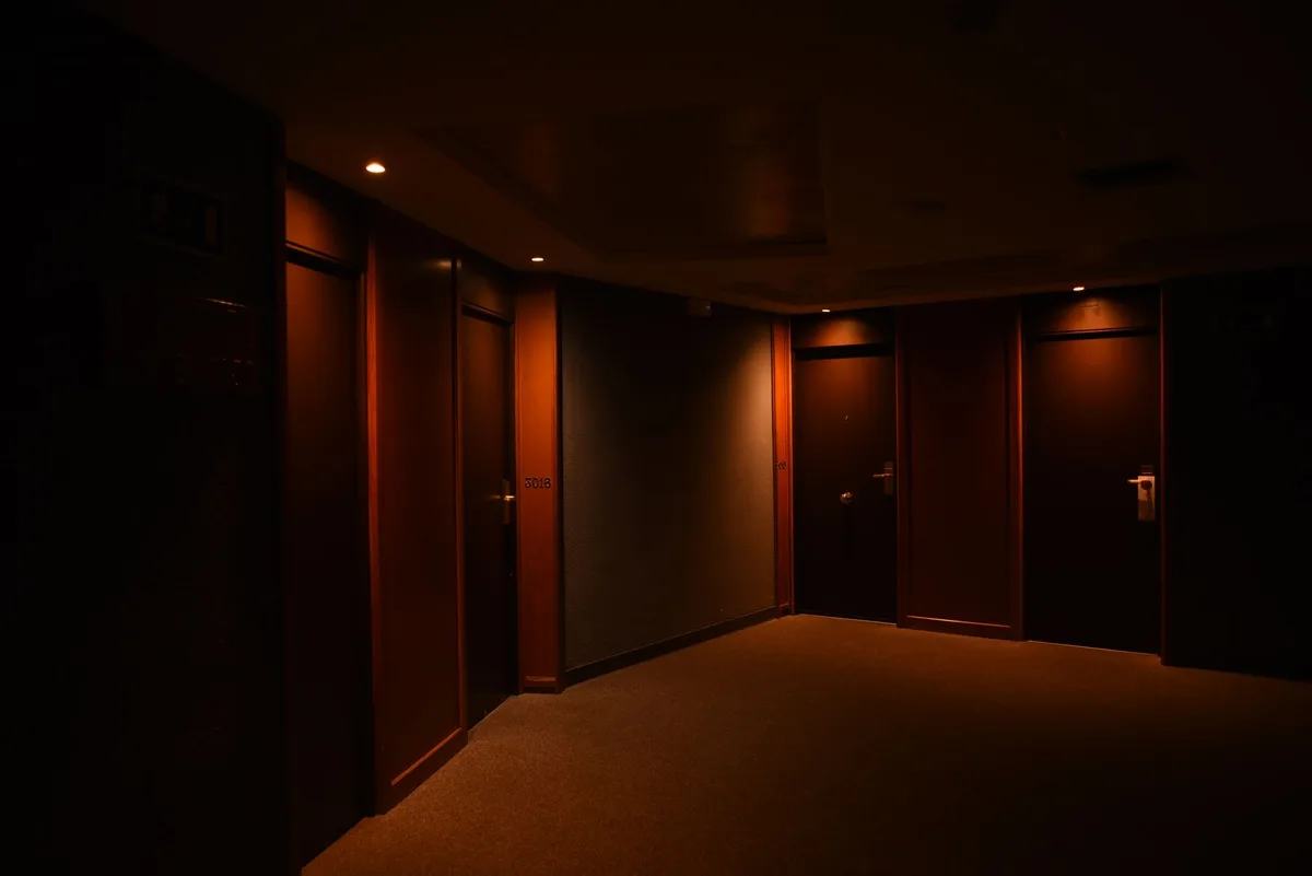 A hotel corridor at night with harsh shadows, minimal lighting, empty hallway suggesting danger and uncertainty, cinematic noir atmosphere