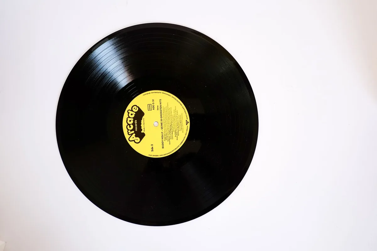 A vintage vinyl record of a sertanejo album lying on a wooden surface, dust particles visible in soft light, a worn album cover showing two men in cowboy hats from decades past, the image evoking decades of musical legacy