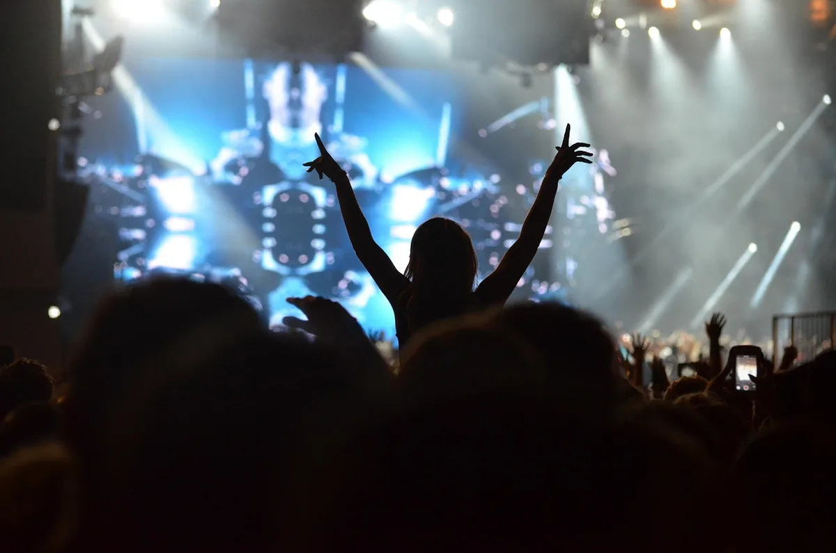 Anonymous silhouette of a spectator in stadium stands watching a football match, arms raised mid-celebration, stadium lights creating a golden glow on the figure's raised hands, blurred crowd behind, moment of pure joy captured in motion