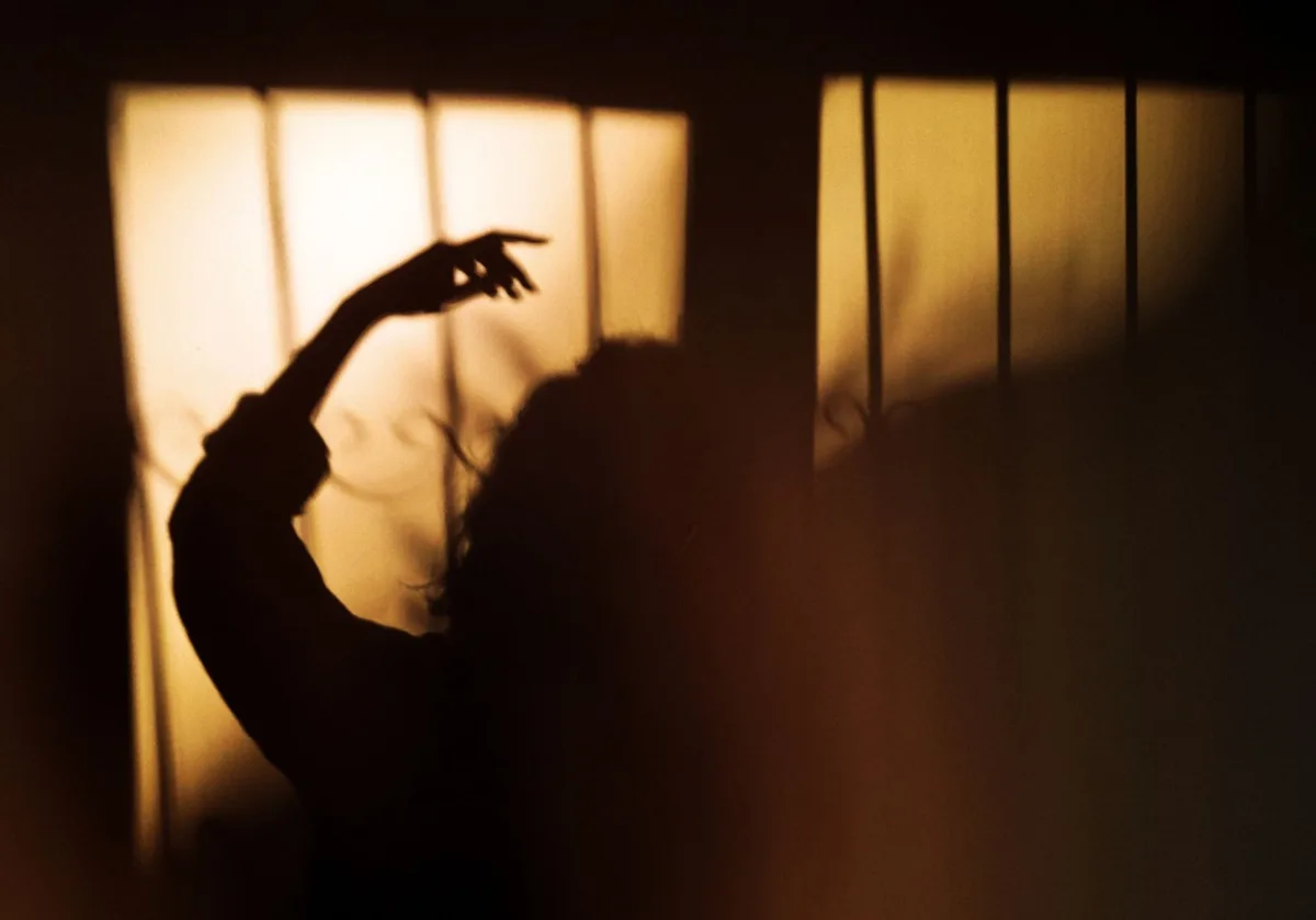 A silhouetted figure standing alone against a dark backdrop, one hand raised in a questioning gesture, soft light illuminating dust particles in the air, conveying internal conflict and moral ambiguity.
