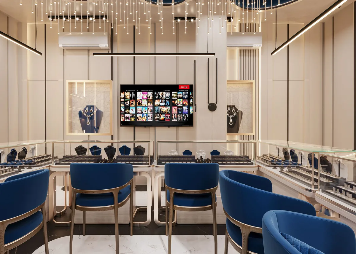 Elegant jewelry display cases in a luxury boutique, golden lighting highlighting precious gems and ornaments, sophisticated retail environment