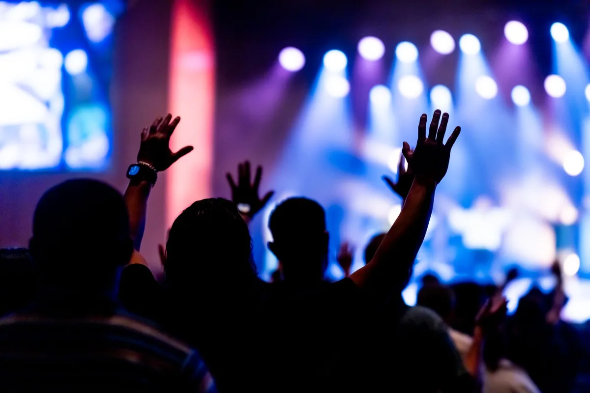 A crowd of anonymous concertgoers with raised arms silhouetted against stage lights, faces blurred in motion, hands reaching upward in collective excitement, colored stage lighting flooding the scene.
