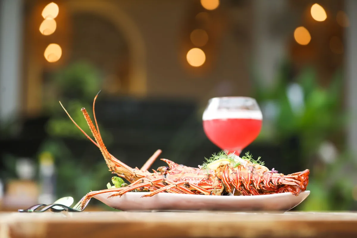 A competitive cooking station with a lobster dish plated under professional kitchen lighting, chef's hands working with refined ingredients, the moment of plating a high-end seafood preparation