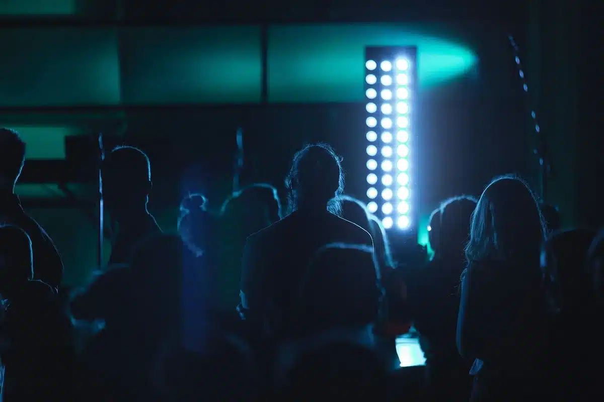 Crowd of anonymous concert-goers from behind, hands raised toward a distant stage with blurred performers, warm stage lights and a sense of collective excitement
