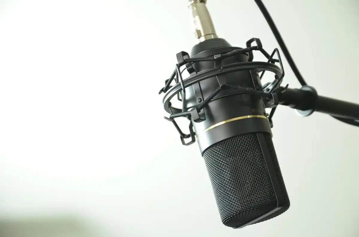 An empty recording studio with a single professional microphone mounted on an adjustable stand, dramatic lighting casting shadows, a worn script page visible on the desk, the space silent and anticipatory.