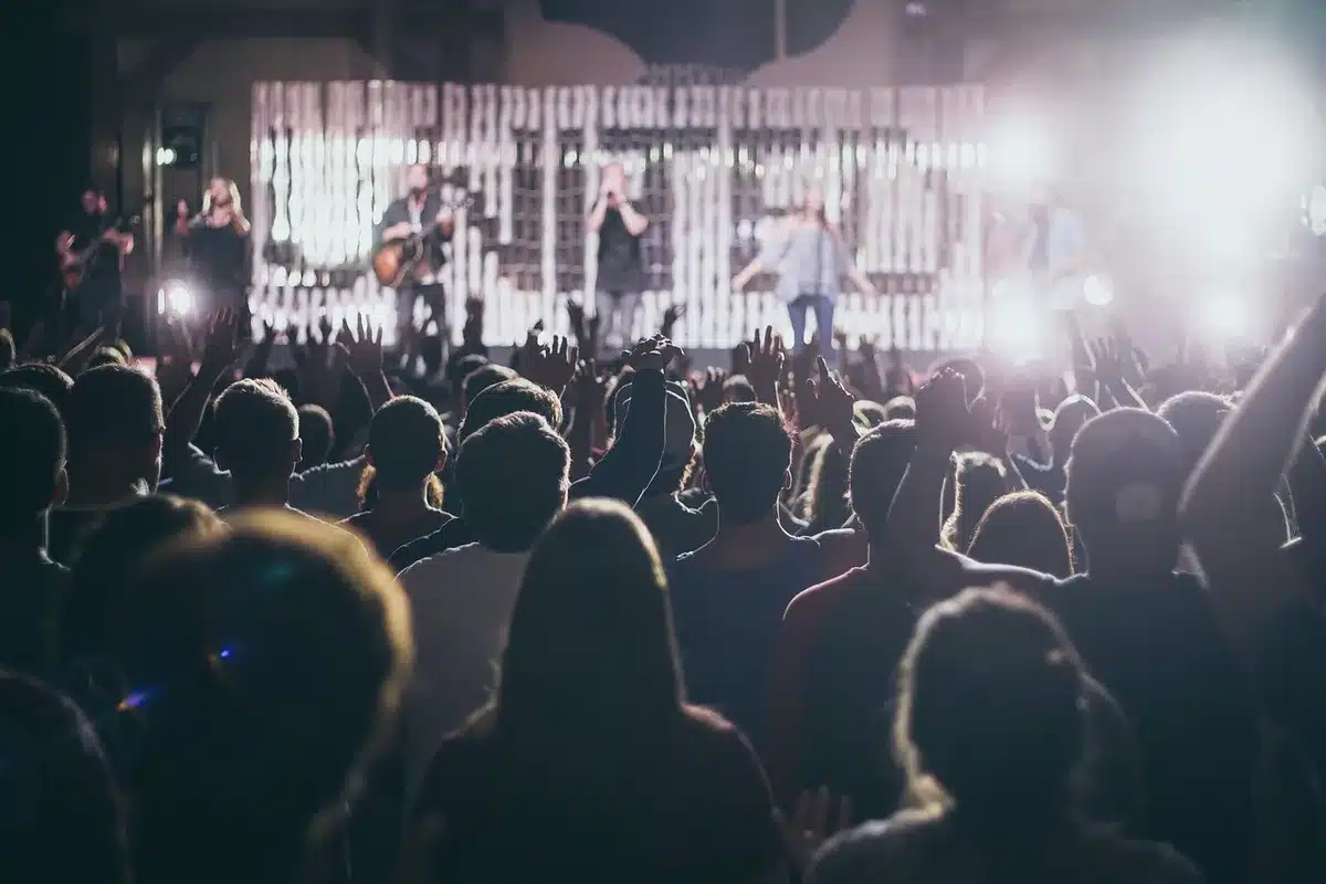 Packed crowd of anonymous festival-goers with raised hands and arms, faces obscured by motion and distance, colorful lighting from stage illuminating silhouettes, collective energy visible