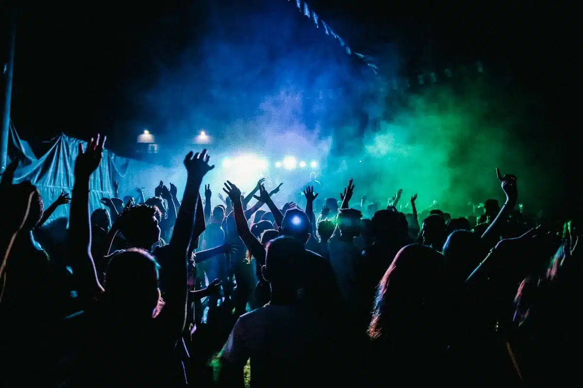 Crowd silhouettes under concert lights with raised hands, blurred faces, anonymous energy
