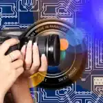 Mesa de oficina com braços robóticos, face sintética e placas de circuito