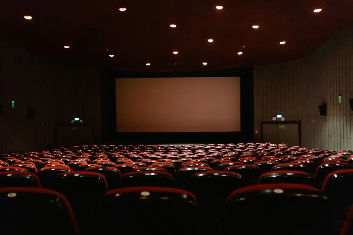 Dimly lit empty cinema screening room with a lone row of seats and a playbill on an aisle seat, suggesting a film career on hold
