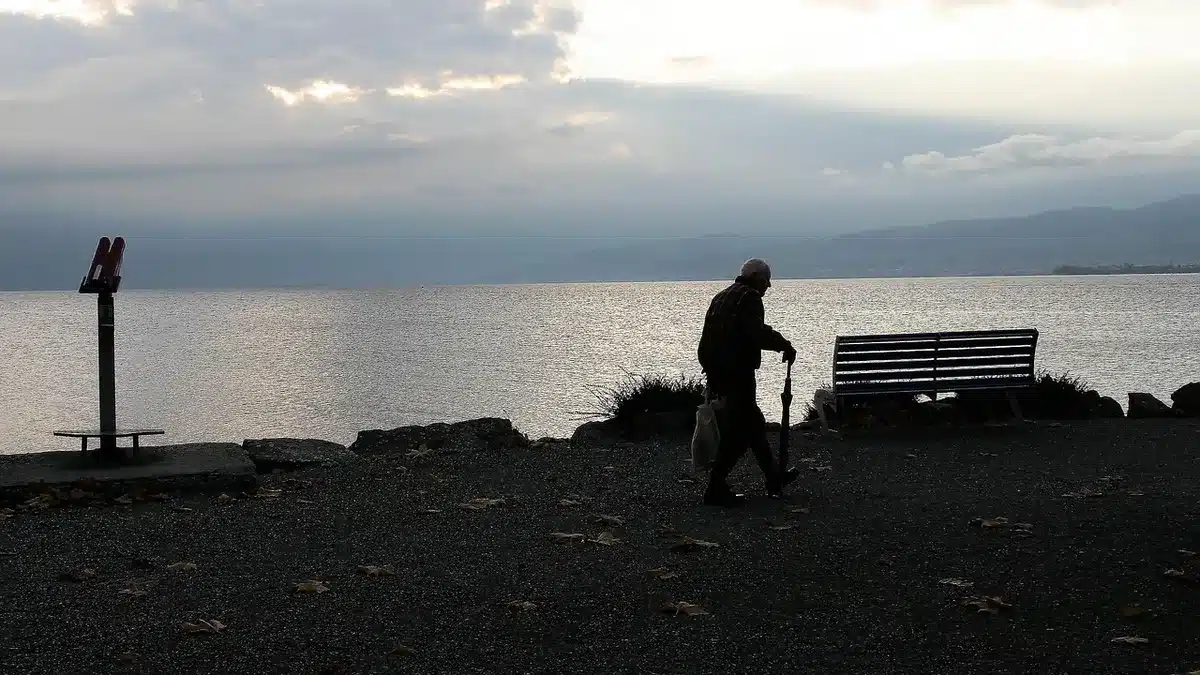 Anonymous silhouette of a lone figure standing at a rustic cabin door at dusk, light spilling out, distant trees and a backpack on the ground