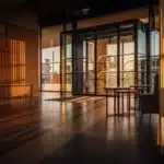 Corredor de mansão com mesa e manuscrito, silhueta ao fundo